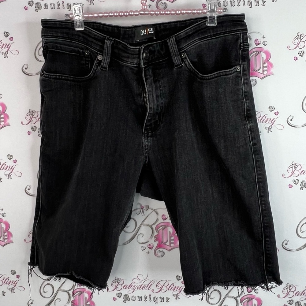 DU/ER shorts L2X Slim fit Black Denim Shorts distressed hem logo patch